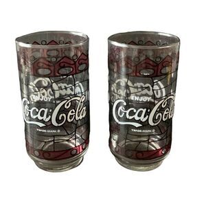 Vintage Coca-Cola Coke Lot of 2 Drinking Glasses Stained Glass Tiffany Style Cla